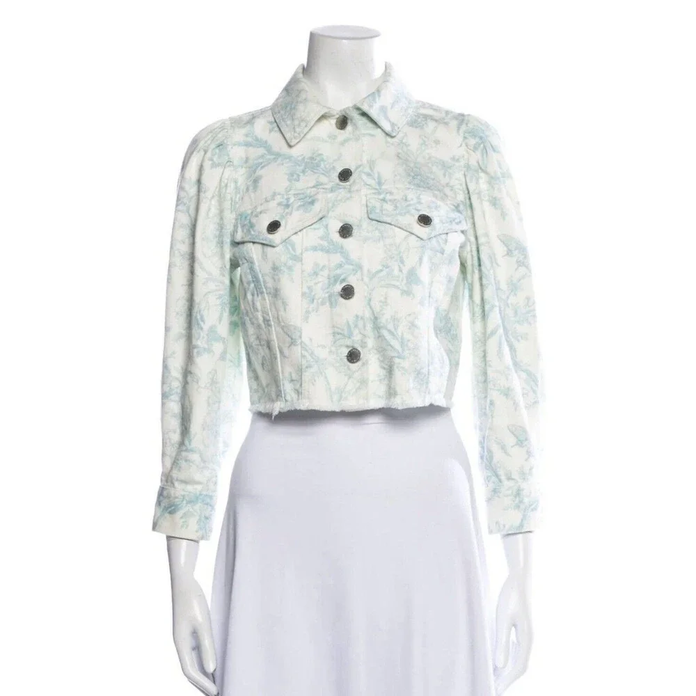 ELIE TAHARI Floral Denim Jacket Cropped Raw Hem White Blue Size M Cotton - Picture 1 of 16